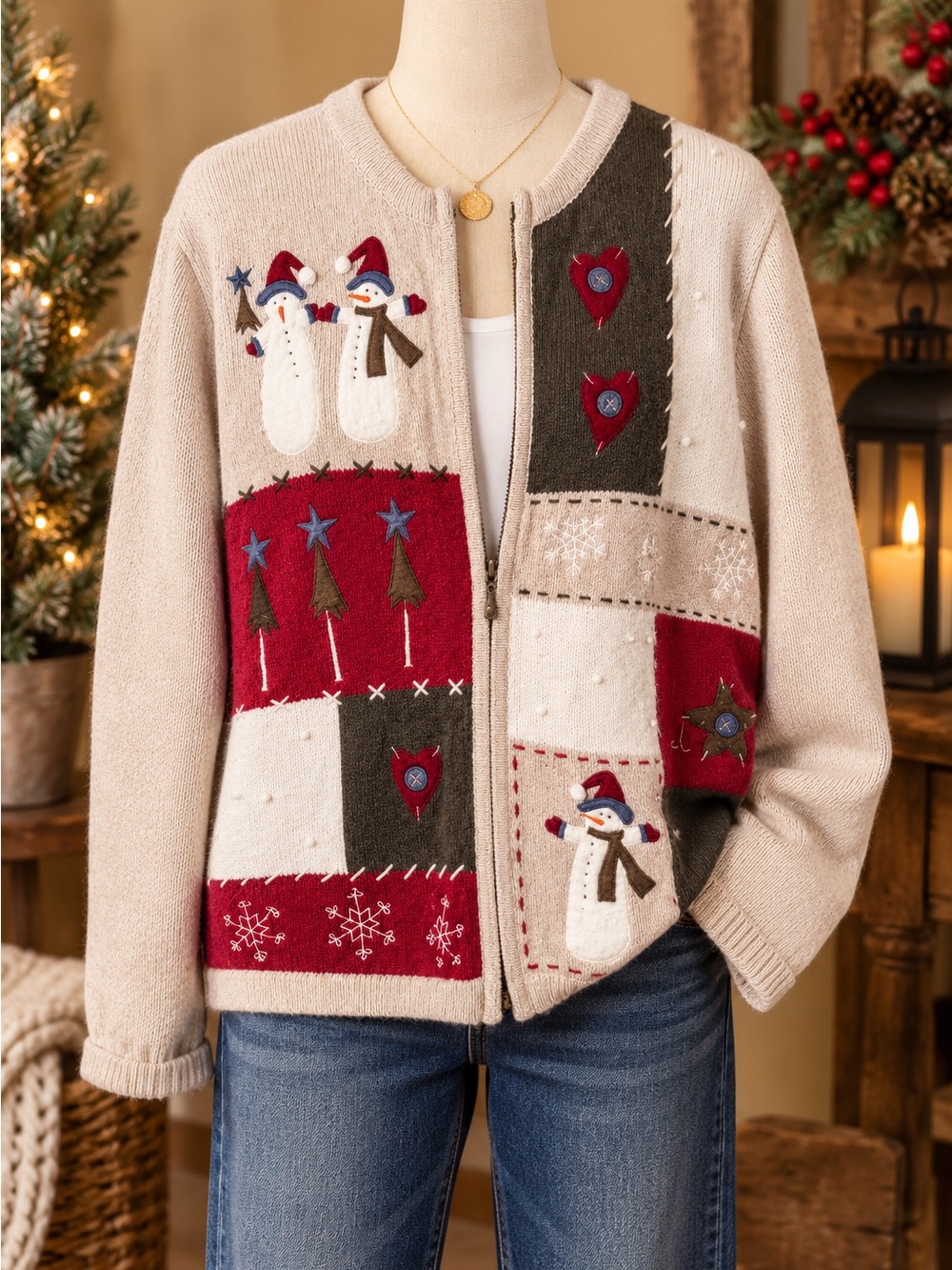 Croft & Barrow XL Christmas Cardigan Snowman Patchwork Angora Wool Zip Sweater